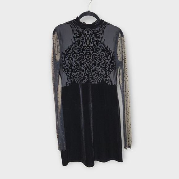 Intimately Free People Black Velvet Embroidered Mesh Mini Dress Women's Medium - Picture 1 of 5